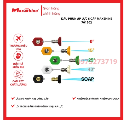 Đầu phun áp lực 5 cấp độ Maxshine 701202 làm từ chất liệu nhựa ABS cứng cáp, lõi trong bằng thép bền bỉ chịu áp lực nước cao